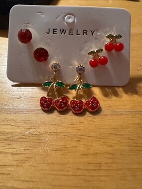 Gold Tone Cherry Earrings Set Rhinestone Enamel